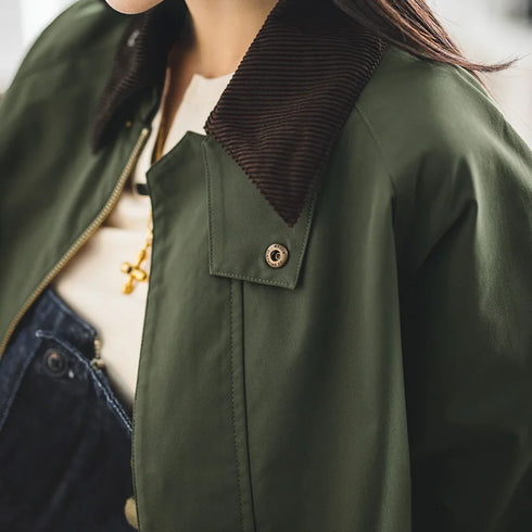 Retro Women's Corduroy Patchwork Jacket – Green Casual Lapel Hunting Style Spring Outerwear with Zipper